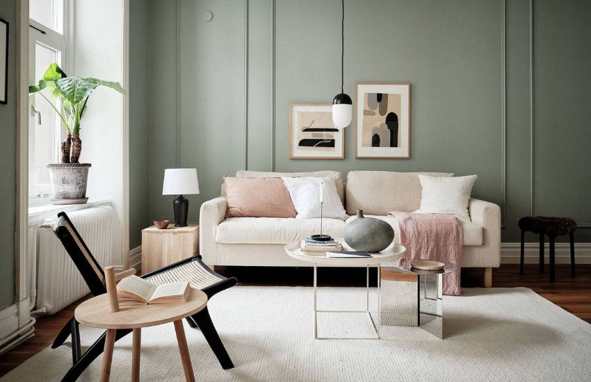 Beige color furniture with grey wall